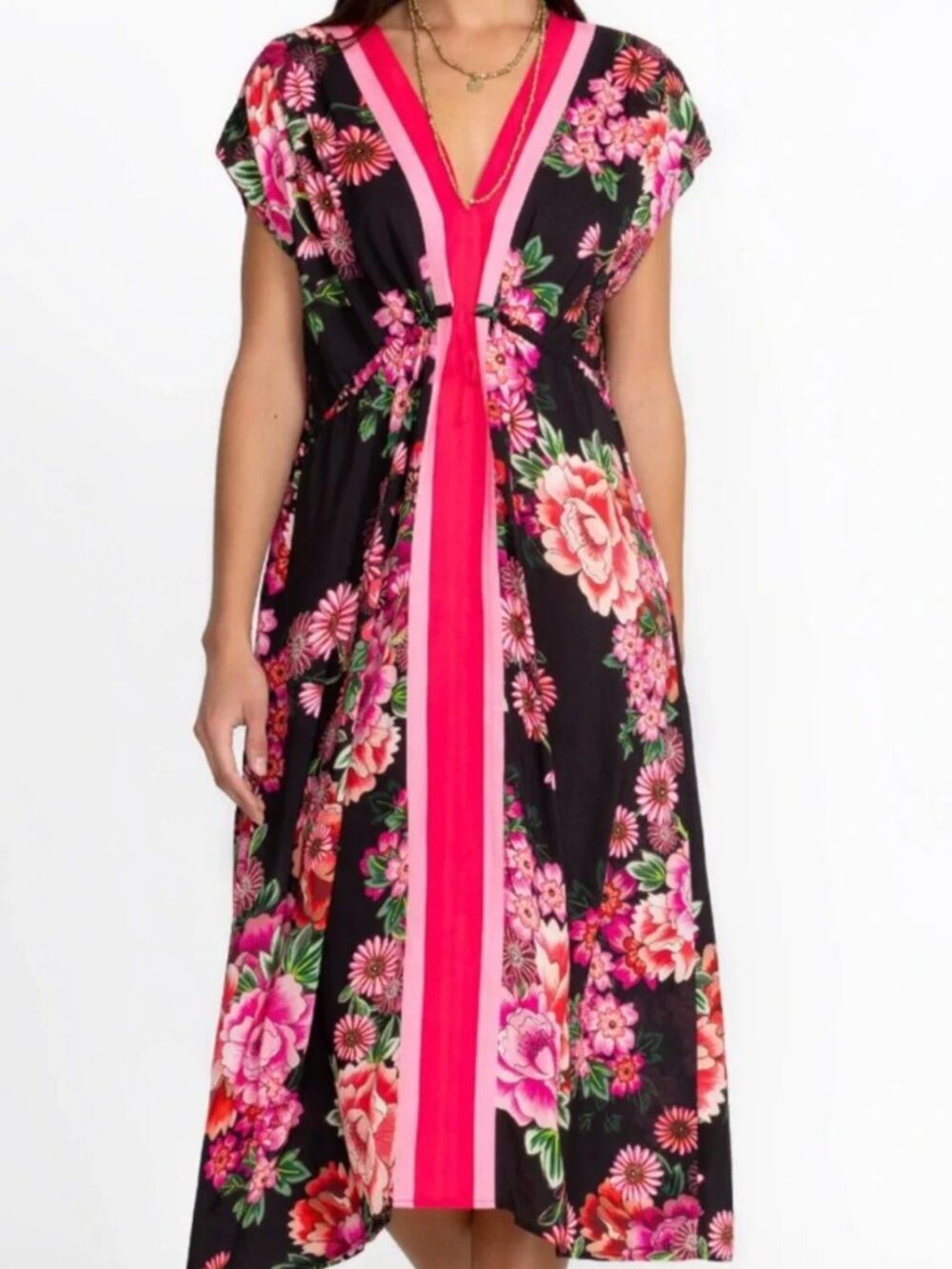 Johnny Was Blum V Neck Kaftan Dress Pink and Black Floral XL $298